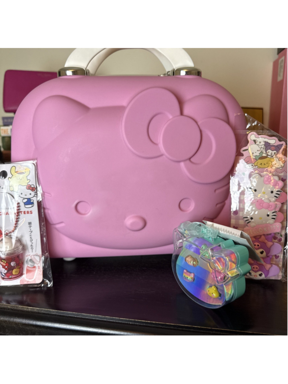 Sanrio Hello Kitty Cosmetic Case Hardshell Suitcase Key Chain, Hair Clips Rings